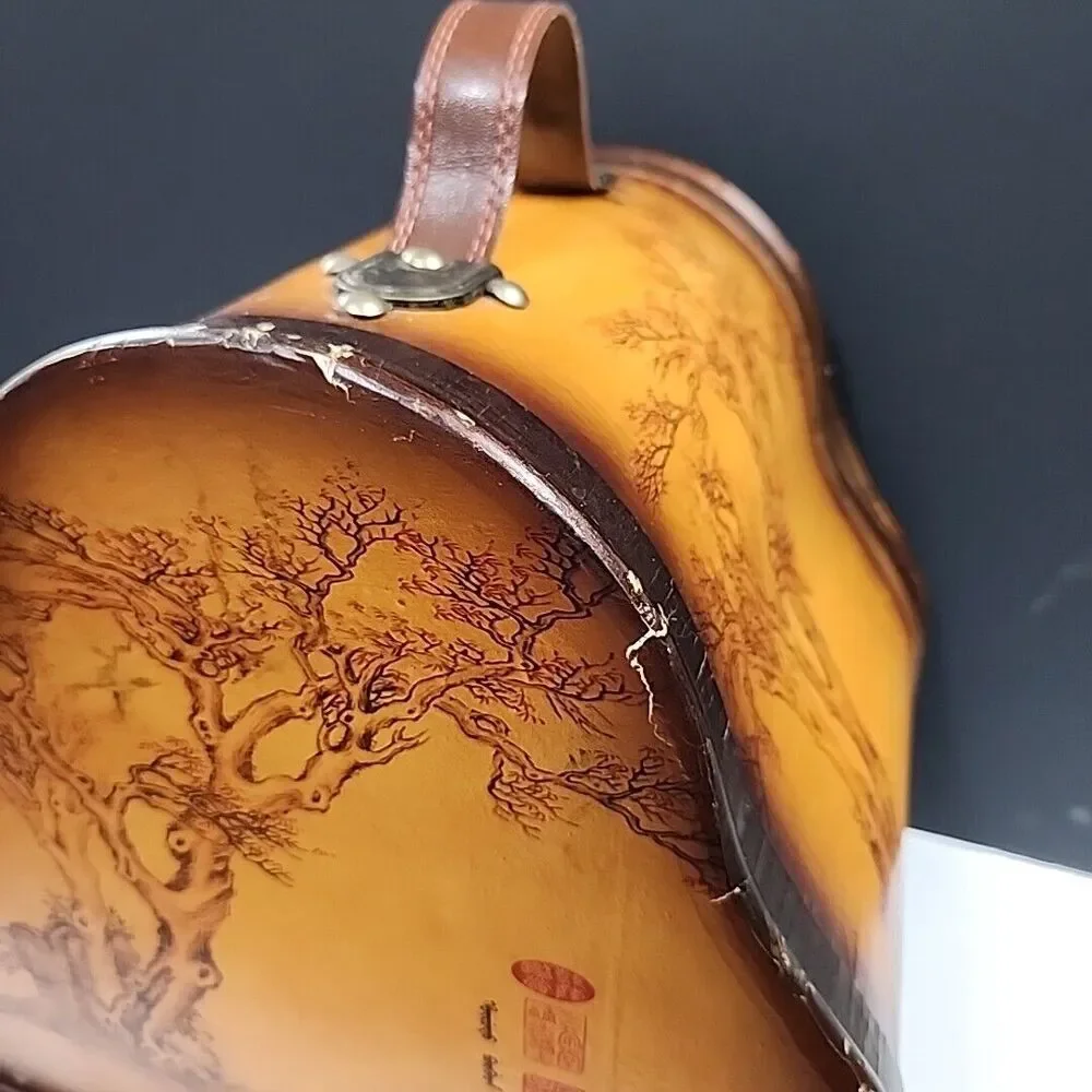 vintage Wooden Wine Caddy With Leather Handle Oriental Tree Art Work Very Unique